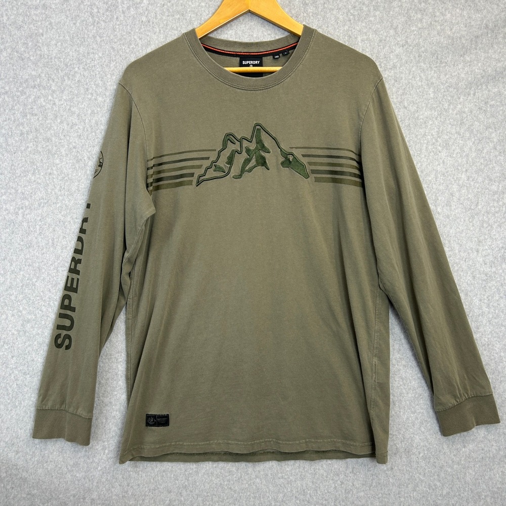 Superdry Expedition Long Sleeve Shirt Olive Green Mountain Graphic Mens Large